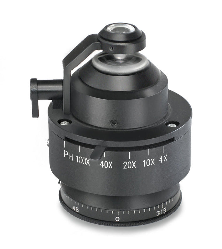 Phase contrast condenser with switchable positions (PH 100x, 40x, 20x, 10x, 4x).