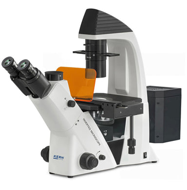 Inverted laboratory microscope with binocular eyepieces and illumination system