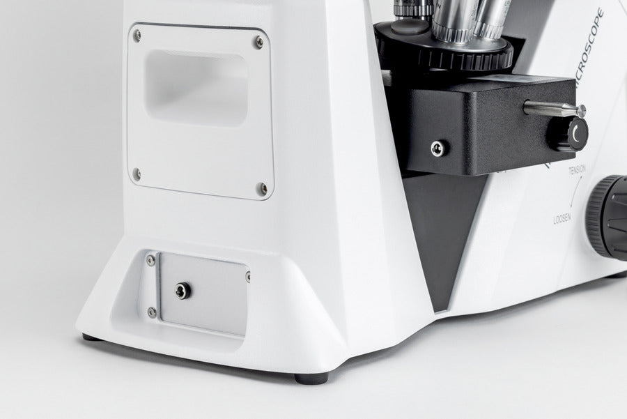 Rear view of inverted microscope housing with illumination port