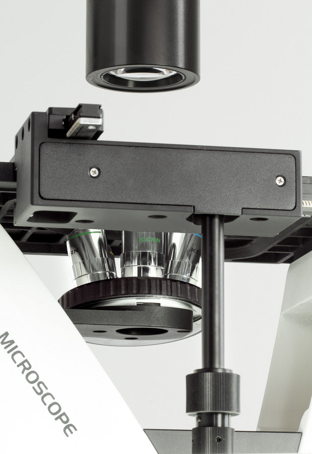 Bottom view of inverted microscope with objectives and condenser