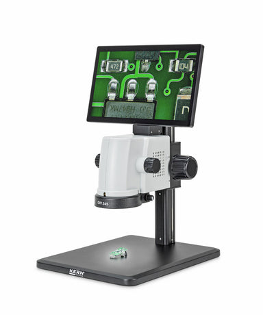 Digital microscope inspecting electronic circuit board with live view on screen