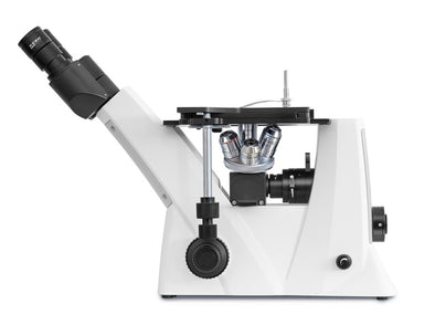 inverted microscope with eyepieces, stage, and objectives.