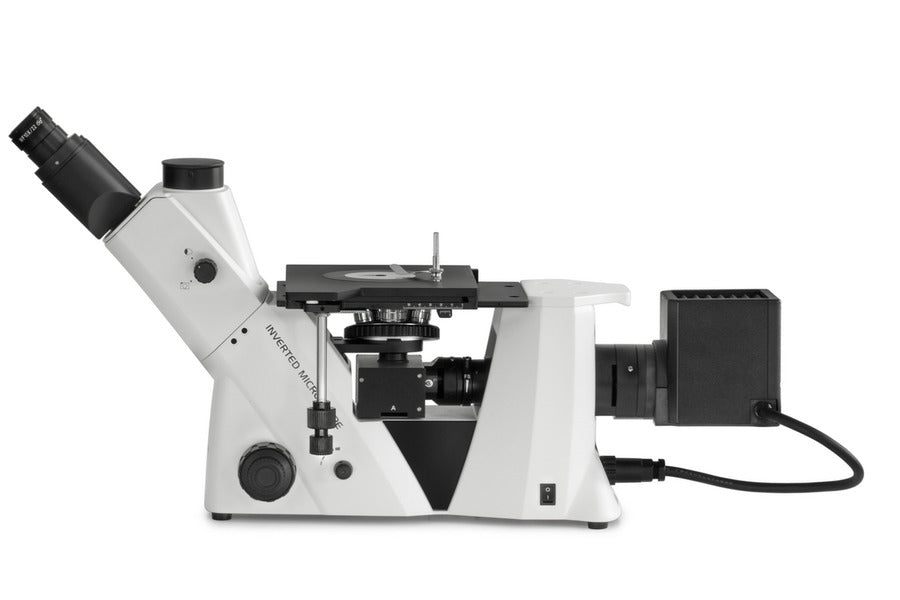 Side view of inverted microscope with stage and illumination system