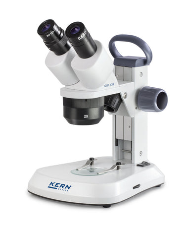 White stereo microscope with eyepieces, focusing knobs, and a flat base.