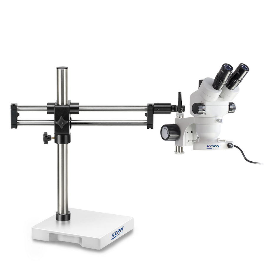 Stereo microscope mounted on a double-arm boom stand with base plate.
