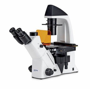 inverted microscope with binocular eyepieces and orange filter