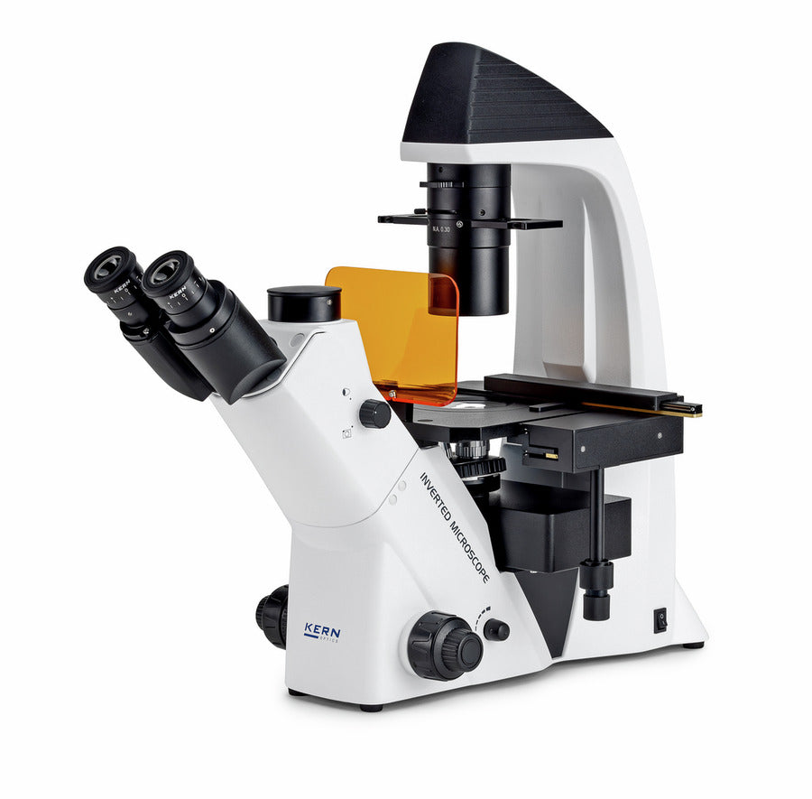 inverted microscope with binocular eyepieces and orange filter