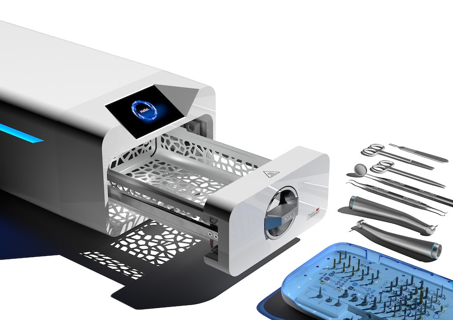 Enbio Pro with chamber opened and dental instruments