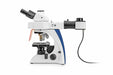 Side view of fluorescence microscope with external light source and cable