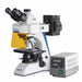 Fluorescence microscope with binocular eyepieces, filter shield, and control unit