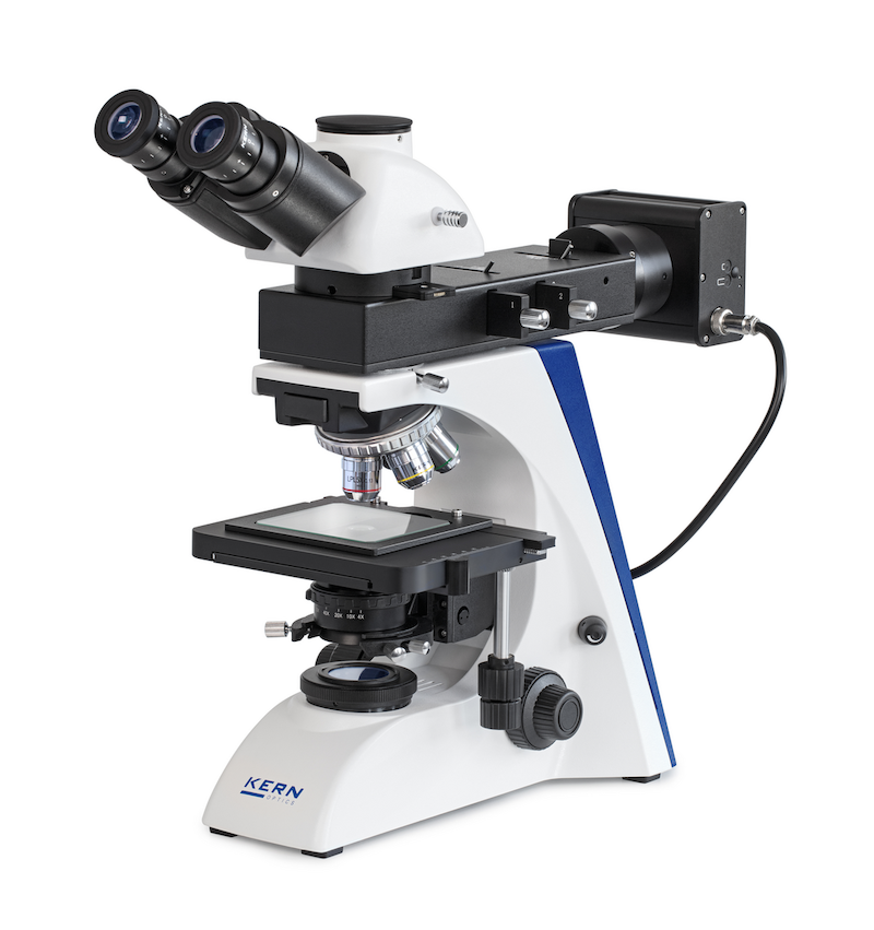 metallurgical microscope with trinocular head, LED incident and transmitted light, and mechanical stage.