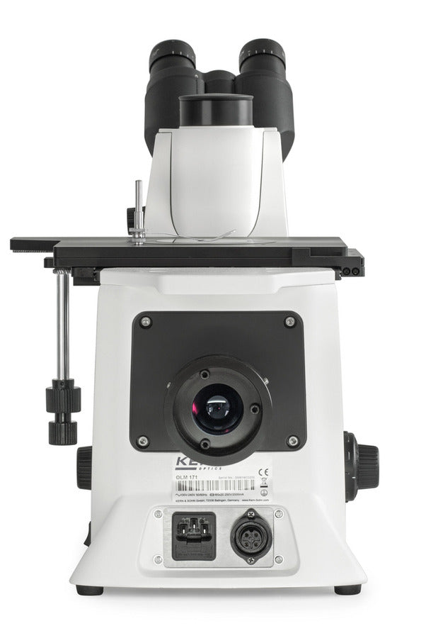 Rear view of inverted microscope showing ports and connections