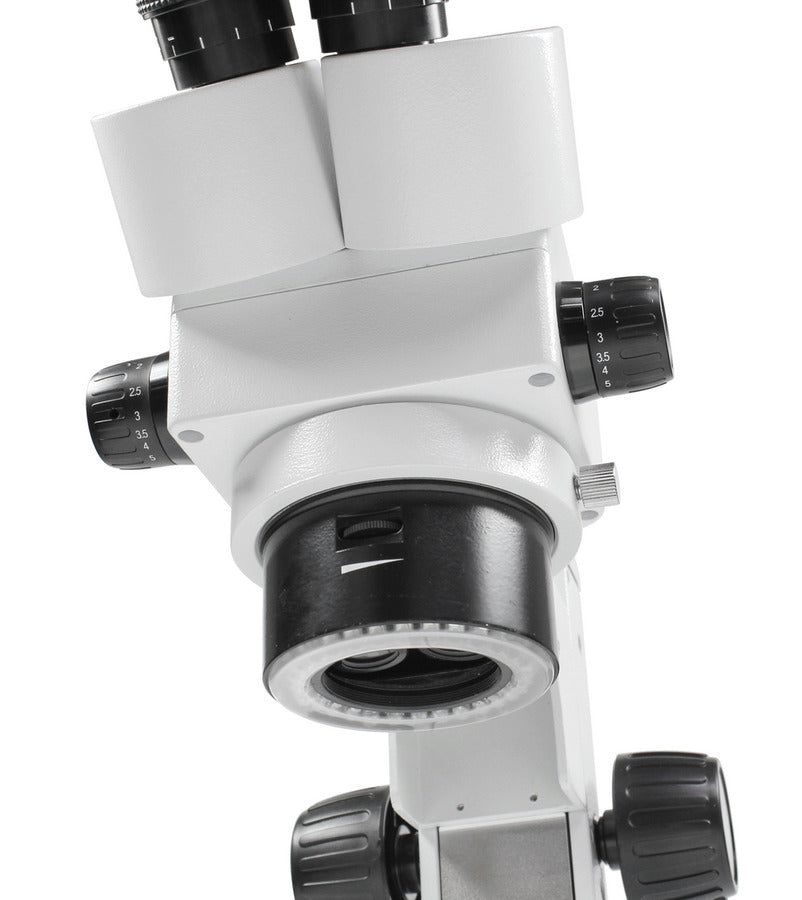 stereo microscope lens with magnification dials.