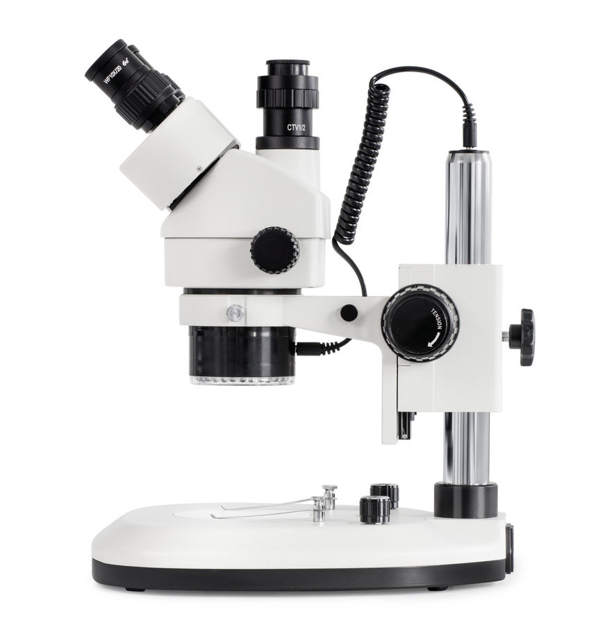 Side view of a stereo microscope with LED lighting and adjustable stand.