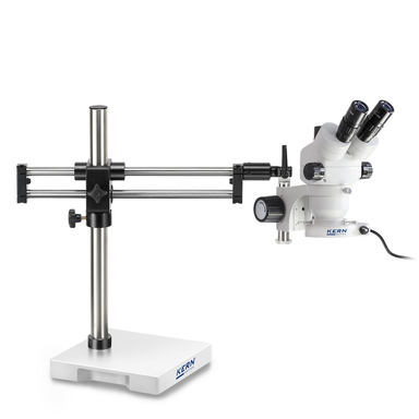 Stereo microscope mounted on a double-arm boom stand with base plate.